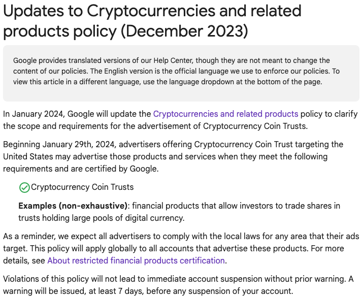 Google policy update allows ads for US crypto trusts